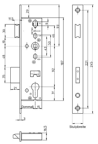 SSF Rohrrahmenschloß RR02 35mm Dorn 16mm Stulp PZ92, Fallen-Riegelschloss, Nickel, Türschloss