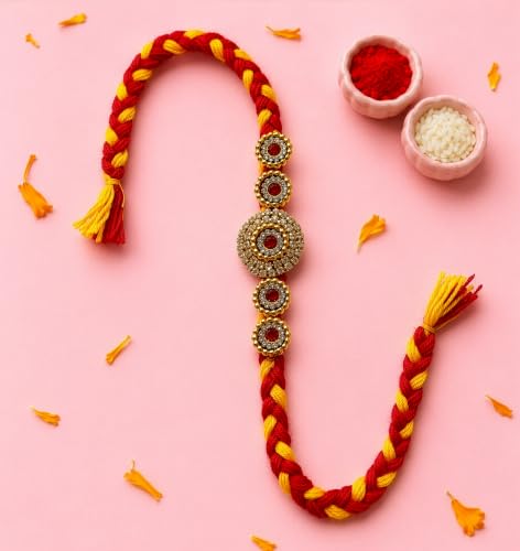Image of Traditional Rakhi Set of 5 for brother with roli chawal | Stylish Designer Rakhdi | Raksha Bandhan