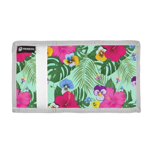 Hibiscus Pansies Lightgreen Kids Wallet for Boys Girls Trifold Outdoor Sport Wallets for Children Youth Teen Wallet with Zippered Coin Pockets Card Holders Front Pocket Wallets with Magic Sticker2