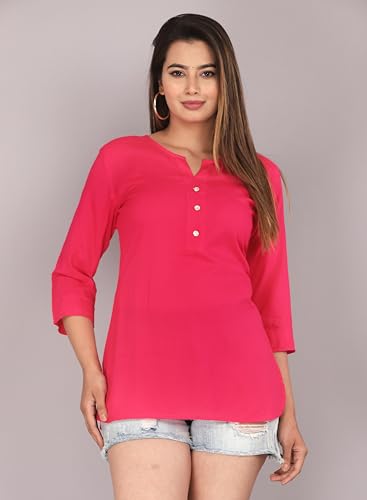 Image of Himanshi Enterprises Women's Traditional Casual 3 /4 Sleeves Mandarin Nack Rayon Solid Short Kurti