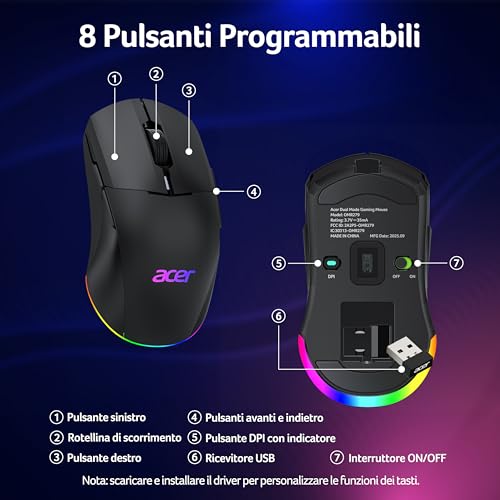Acer Mouse Gaming Wireless, 24.000 Dpi, Dual Mode (2,4G+ Cablato) Con 8 Pulsanti Programmabili, Ambidestro, Mouse Da Gioco Con Illuminazione Rgb, Ricaricabile Per Pc E Desktop - 7