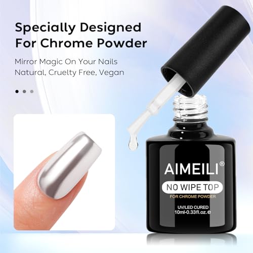 AIMEILI Unterlack und Überlack Set, Chrome Mirror Top Coat Base Coat UV LED Soak Off Gel Überlack für Chrom Nägel Metallic UV Gel Nagellack 2 x 10ml
