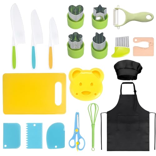 Image of 19PCS Kids Knife Set For Real Cooking, Montessori Kitchen Tools for Toddlers, Kids Kitchen Knife Set, Safe Knives, Cutting Board, Chef Hat and Apron Set, Educational Gift for Children Boys Girls