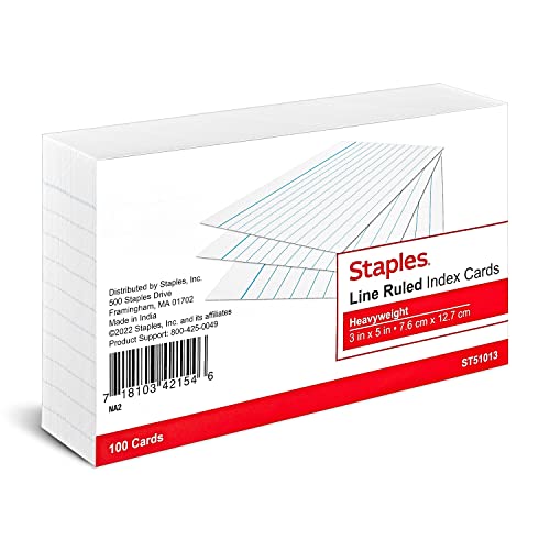 Staples 71737 Heavyweight Ruled 3-Inch x 5-Inch Index Cards White 100/Pack