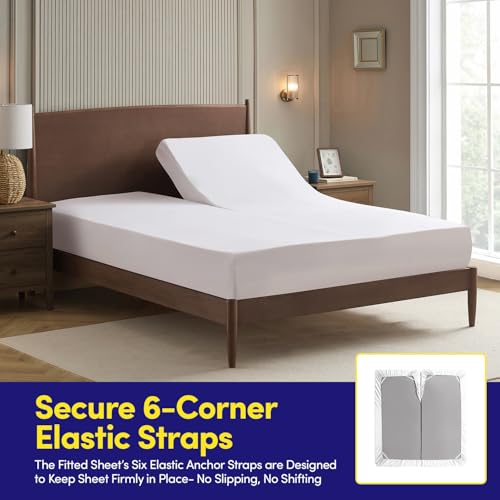 Image of Split Head King Sheets Set for Adjustable Beds 4 Piece Flex Top Bed Sheets - Deep Pocket Split Top Fitted Sheet with Built-in Corner Straps, Luxury Soft Cooling Bedding, Wrinkle Resistant, White