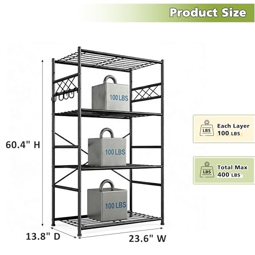 Image of DurayLoly Storage Shelves 4 Tier Shelf Organizer,Metaling Shelving with Hooks,Heavy Duty Garage Shelves Unit with Leveling Feet,Wire Shelving for Pantry,Kitchen and Closet,23.6 inch W x 13.8 inch D x 60.4 inch H