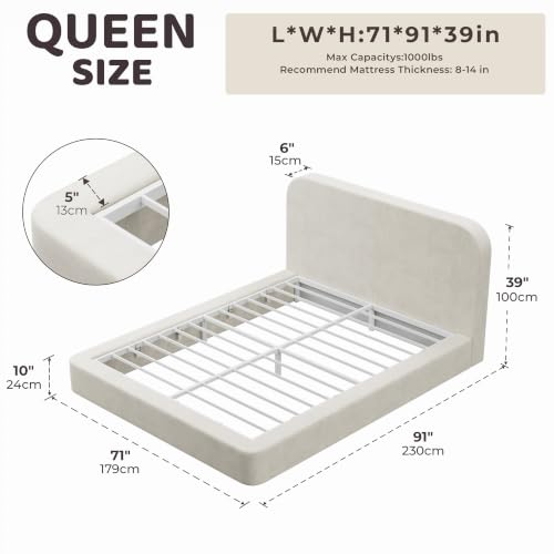Image of RECCI Airframe Bread Queen Curved Cloud Platform Bed Frame | Fully Cushioned Foam Rectangular Panels and Soft Rounded Headboard, Easy to Assembly, Beige Chenille for Aesthetic Bedrooms