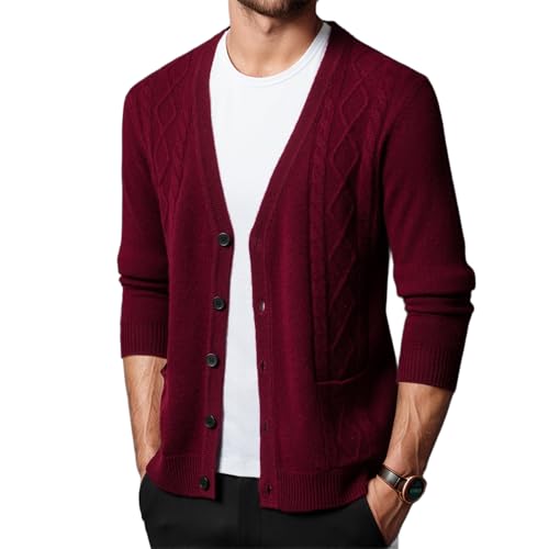 Mens Twisted Knit Cardigan Sweater 100% Wool V Neck Casual Button Down Sweaters Long Sleeve Fall Outwear with Pockets