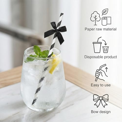 30 pitillos negros y blancos con moño para bebidas miniatura 6