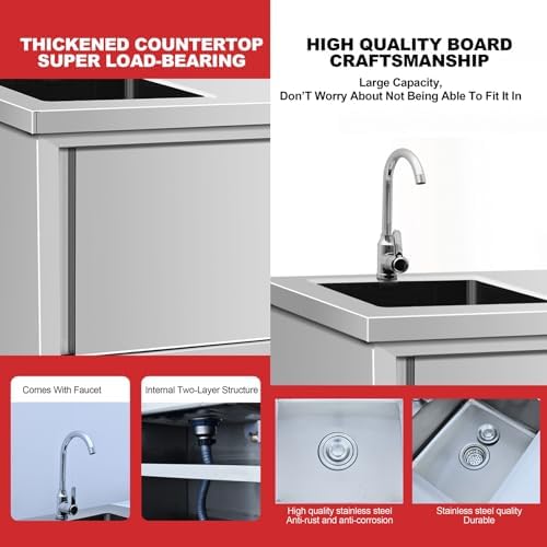 Outdoor Stainless Steel Utility Sink with Cabinet & Workbench - Freestanding Laundry Sink for Garage, Restaurant, & Commercial Use - Includes Faucet & Storage Shelves (Left Color)