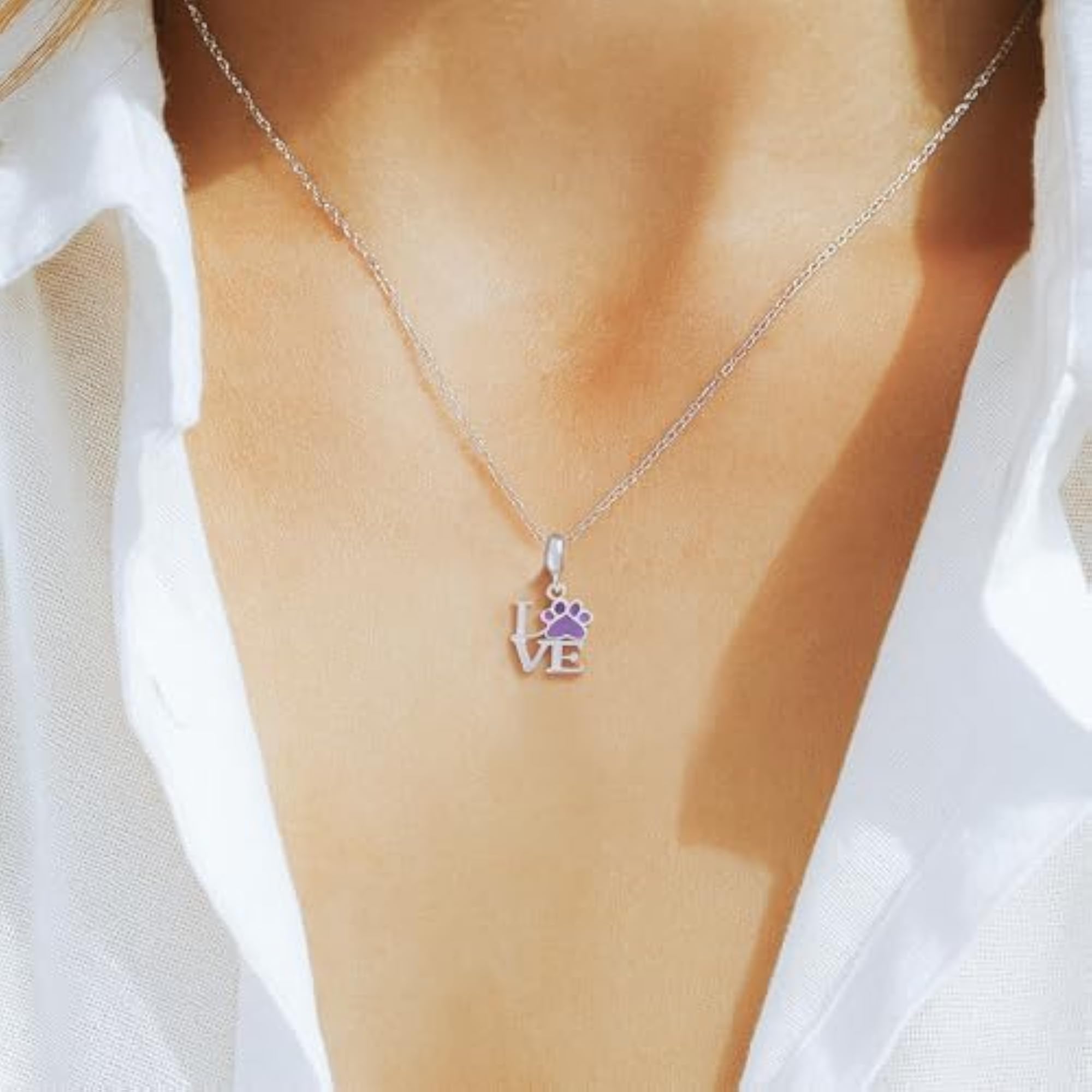 Women's Pure Silver LOVE Pendant with Purple Paw Print Charm