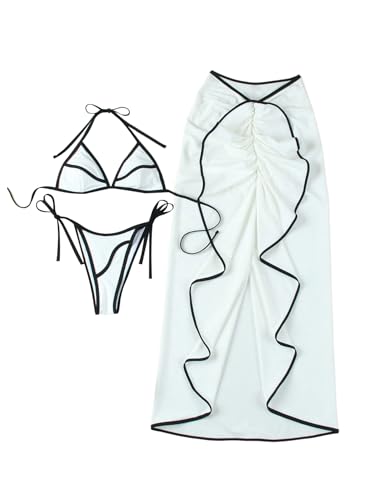 SHENHE Women's String Bikini Set 3 Piece Triangle Halter Colorblock Swimsuits with Cover Up Skirt2