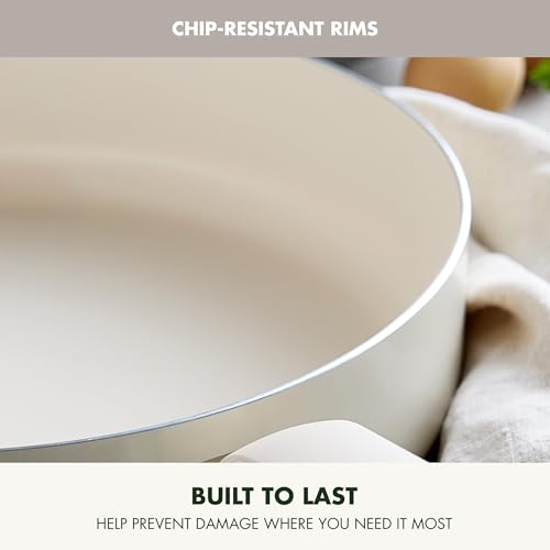 Image of GreenPan Rio Advanced 5QT Saute Pan With Tempered Glass Lid, 5QT Ceramic Nonstick pan with Helper Handle, PFAS-Free, Induction Ready, Dishwasher and Oven Safe, Cream White