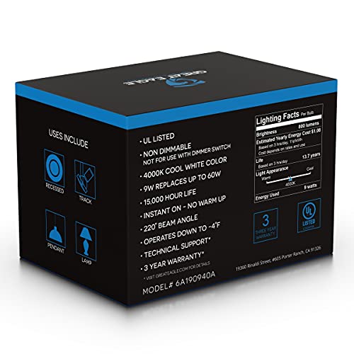 Great Eagle A19 Led Light Bulb, 9W (60W Equivalent), Ul Listed, 4000K (Cool White), 800 Lumens, Non-Dimmable, Standard Replacement (6 Pack) #TOP3
