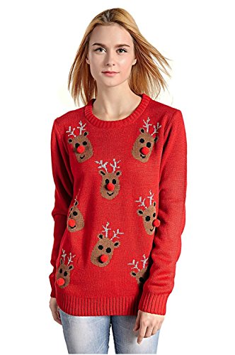 V28 Women's Christmas Reindeer Snowflakes Sweater Pullover, Long Sleeve (Tag S (US size 6), Red-3D-Nose)