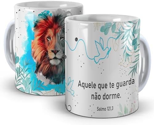 Caneca Branca Evangélica - "Aquele que te guarda, não dorme" Azul