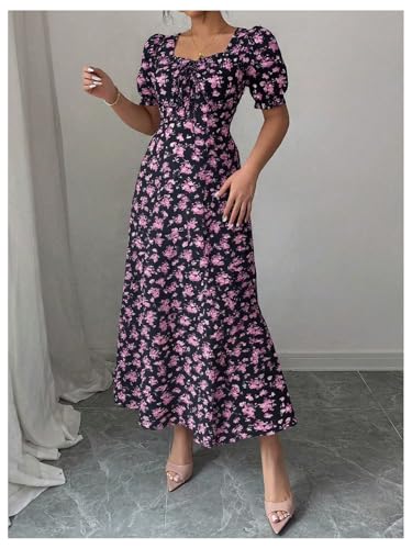 Image of Floerns Women's Floral Short Puff Sleeve Milkmaid Dress Boho A Line Long Dresses