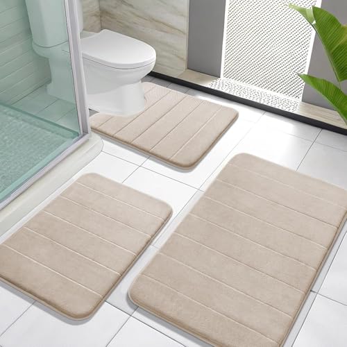 Yimobra Memory Foam Bath Mat Set 3 Pieces- Super Soft Absorbent Quick Dry Bathroom Rug Sets, Machine Washable Non Slip Floor Carpet for Tub Shower, Vanity & Toilet Base, Beige