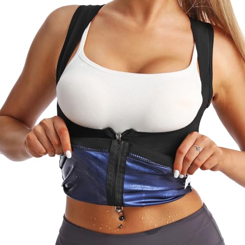 JBT Sauna Suit Sweat Vest for Women Weight Loss, Waist Trainer Sweat Vest for Women Fitness Body Shaper with Zipper (Blue, S)
