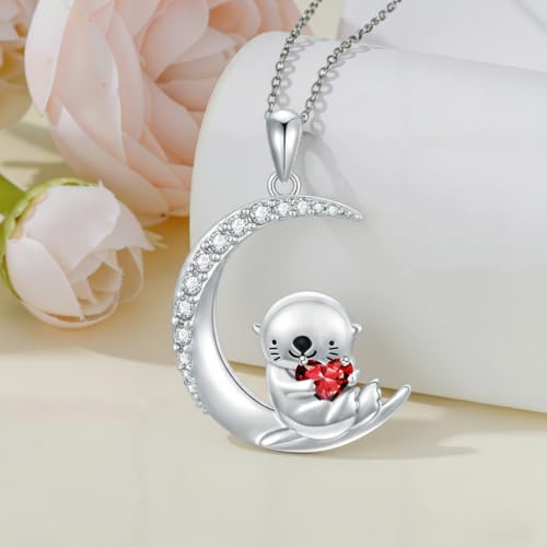 Image of PROESS Animal Birthstone Necklace 925 Sterling Silver Otter /Axolotl /Hippo /Elephant /Dachshund /Monkey /Red Panda Pendant Necklace Animal Birthstone Jewelry Gifts for Women