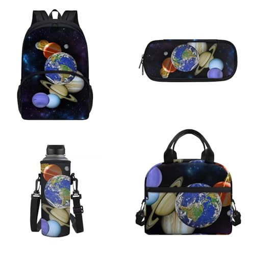 4 pezzi zaino pranzo borsa portamatite porta bottiglia dacqua per bambini adulti isolato Pianeta dellUniverso Onesized Zaino per unisex leggero
