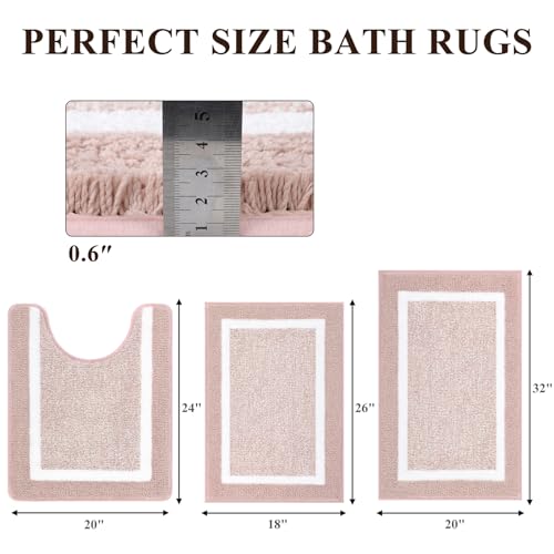 Pauwer Bathroom Rugs Sets 3 Piece Bathroom Shower Rugs with U-Shaped Contour Toilet Mat Absorbent Microfiber Plush Bath Mats Non Slip Bath Rugs Machine Washable Shaggy Bathroom Floor Mats, Dusty Pink