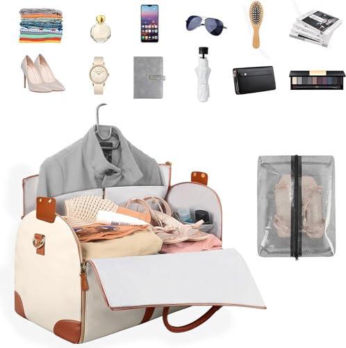 House of Quirk Garment Bags for Travel, Convertible Carry on Garment Bag Large Duffle Bags for Women, 2 in 1 Hanging Suitcase Suit Water Resistant Duffel Travel Bags with Shoe Pouch (Beige) 2 41gEFN+LguL