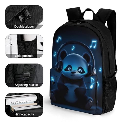Backpack for Men, Black And White Panda Animal Headphones Music Cute Panda Portable Multi-Functional Daypack for Business Trip, Cute Spacious Reusable Shoulder Bag with Adjustable Strap3