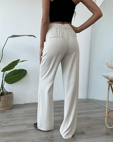 Women's Linen Pants Summer Striped Wide Straight Leg High Waist Beach Vacation Dressy Business Casual Trouser4