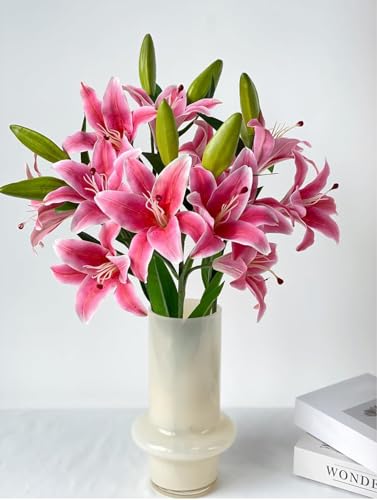 Image of VRB Dec Plastic 1 Pcs (3 Head) Lily Artificial Flowers Bunch Foam Flowers Sticks,Lily Artificial Flowers for Home Decor,Bedroom, Living Room, Table, Balcony, Office, Wedding, Pooja (Pink Color)