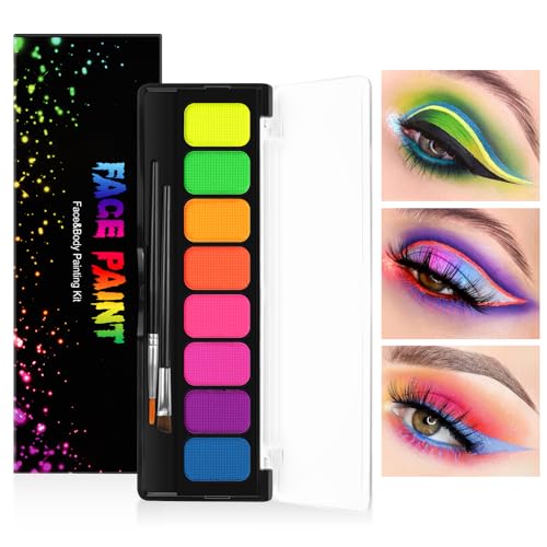 LOPHE Tinta facial e corporal, 8 cores pinturas fluorescentes infantis, pintura cara para crianças com 2 pincéis, hipoalergénico fluorescente pintura para o Halloween, carnaval e cosplay (1 caixa)