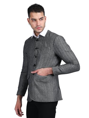 Image of AOL Men's Winter Tweed Woollen Jacket /Coat| Herringbone Pattern|Fully Lined with Inner Pocket| Mandarin Collar| Bandhgala /Jodhpuri /Nehru for Festive, Casual & Formal wear