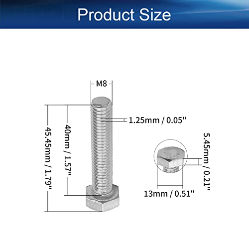 Image of Bettomshin 10Pcs M8 x 40mm Hex Bolts, 304 Stainless Steel 1.25mm Thread Pitch Fully Threaded Metric Hex Head Screw Bolts, Hexagon Screw Bolt, Hex Tap Bolts, Silver (Overall Size 45.45x13x13mm)