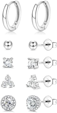 5 Pairs 14K Gold Filled Hoop Earrings Sterling Silver Post Cubic Zirconia Studs Earrings for Women Trendy Cartilage Earrings Huggie Hoop Earrings Set for Multiple Piercings