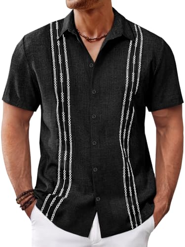 Runcati Mens Cuban Guayabera Shirts Short Sleeve Button Down Casual Summer Beach Wedding Embroidered Linen Tops