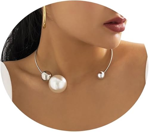 Gargantilla abierta de metal con perlas grandes, collar ajustable de plata con perlas grandes para mujer, collar redondo abierto, elegante collar de