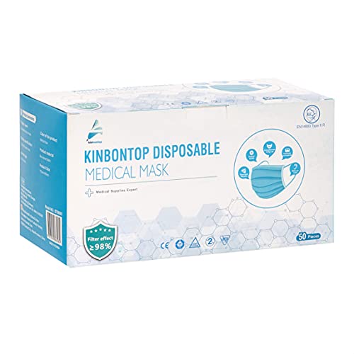 Kinbontop Einweg-Mundschutz, 3-lagig, Typ IIR, einzeln verpackt, atmungsaktiv Masken Mundschutz, mit Ohrbändern und Nasenbügel, Packung mit 50 Stück, Packung mit 5