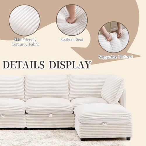Image of Oversized Corduroy Modular Sectional Sofa Bed with Hidden Storage, Convertible L U Sleeper Couch, 6-Seat Modular Sofa Free Combination with Ottoman & Removable Covers for Living Room, Black
