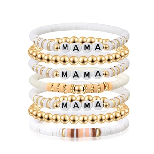 Joyline Mom Gifts for Mama and Daughter Mama Bracelets Beaded Clay Elastic Stackable Stretch Women Bracelets Unique Jewelry for Mother's Day Mom's Birthday Gifts