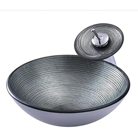 AIBOTY Bathroom Vanity Sink Modern Artistic Round Tempered Glass Vessel Vanity Sink Bowl Basin with Waterfall Faucet &Pop-up Drain Set,Silver Cover
