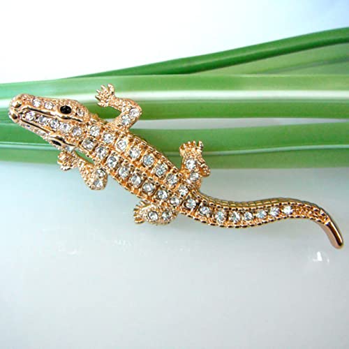 Image of Navachi 18k White Gold Plated White Crystal Crocodile Alligator Az7262 Brooch Pin