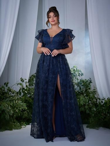 Women's Plus Size V Neck Ruffled Sleeve Embroidered Lace Maxi Dress with High Slit Formal Evening Gown for Weddings3