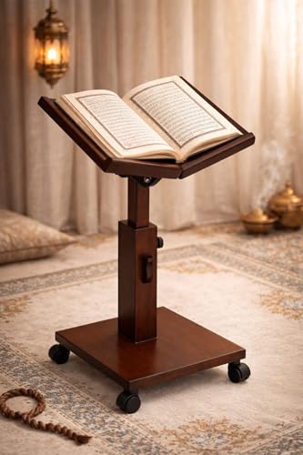 Image of Adjustable Wooden Quran Stand with Wheels | Premium Rehal for Quran Reading | Height Adjustable Book Holder for Namaz, Islamic Study & Prayer