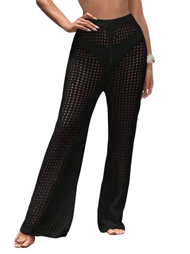 COZYEASE Women's Beach Cover Up Pants Hollow Out Drawstring Elastic High Waist Bathing Suit Cover Up Beach Pants2