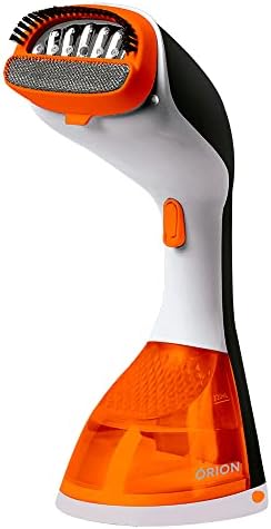 Vaporizador Mallory Órion 1200W em vista frontal, destacando as cores preto, branco e laranja, com o bico a vapor e o reservatório transparente.