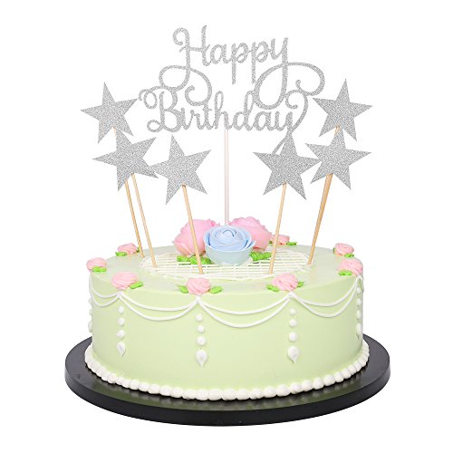 LVEUD 7 Pack Glitter Letters Happy Birthday Cake Topper Decorations (Silver)