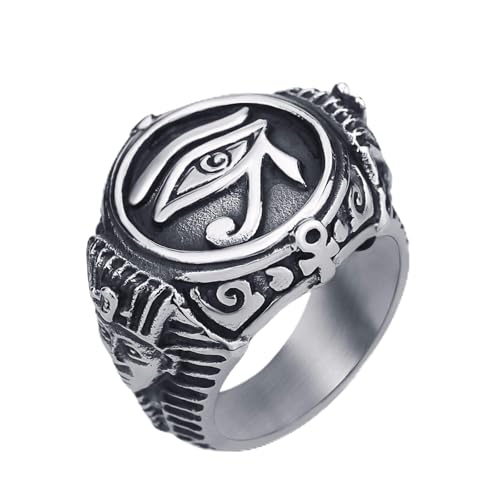 ELFASIO Men Stainless Steel Rings Egyptian Pharaohs Eye of Horus Ra Udjat Silver Tone Jewelry Size 9