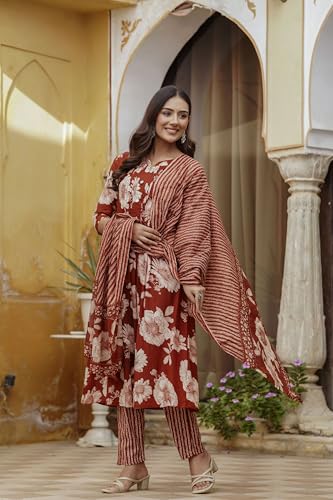 Image of NIVANA Floral Printed Kurta with Pant & Stripe Printed Dupatta | 3 /4 Sleeves | Round Notch Neck Button Detail