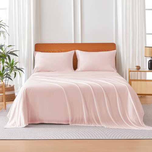 Image of Amazon Basics Jersey Knit 4-Piece Sheet Set, Wrinkle Resistant and Easy Fit, Includes 16 inch Deep Pocket Fitted Sheet, 1 Flat Sheet and 2 Pillowcases, Full, Pink