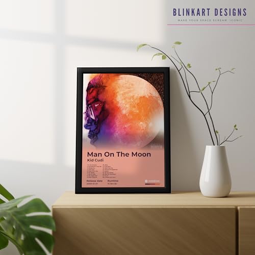 Image of BLINKART KidCudi- Man On The Moon Wall Photo Frames | Wall Art for Bedroom, Living Room, Studio or Office | Album Cover Print with Spotify Song Link QR Code | Gift for Fans - 8x12 In